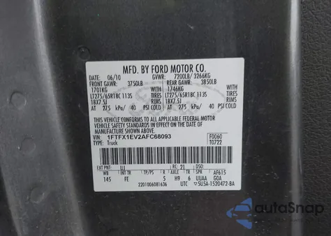 2010 Ford F-150 Fx4/Lariat/Xl/Xlt из США, поврежденный, VIN 1FTFX1EV2AFC68093